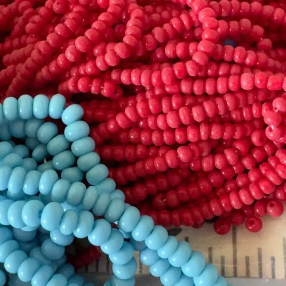 160 Grams Mixed Lot Red and Blue Rocaille Glass Seed Beads on Hank Vintage